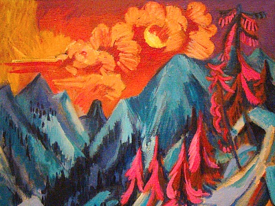 painting of sun over mountains